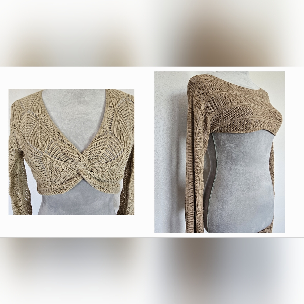 Twisted Front Trumpet Sleeve Cropped Sweater Small set of 2